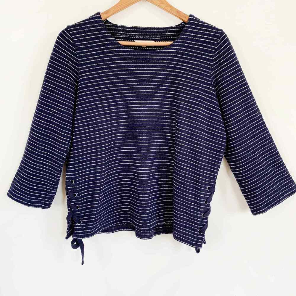 Madewell Stripe Side Lace-Up Top Navy Blue Pullover Knit 3/4 Sleeve Women SMALL
